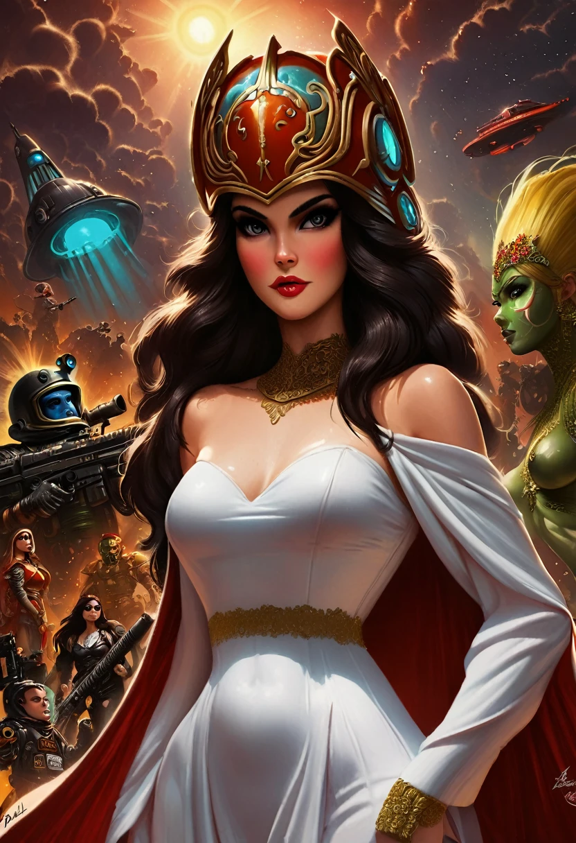 Future Sci-Fi Space War,A woman wearing a helmet, Stephen Hickman, Beautiful vintage art, Mars Attacks, Gilded Lotus Princess, Published in cgsociety, The Last Day of the Universe, Queen of Persia, Kirill Leonov, By Jason A. Engel, Barbarela