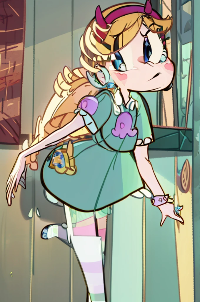 1girl, adult woman, (masterpiece, best quality, high resolution:1.4), star butterfly, horn hairband,green squid outfit, medium breasts,