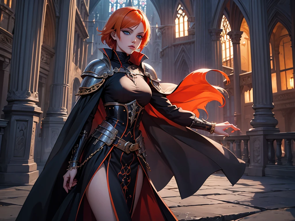A beautiful and wonderful vampire woman, extremely detailed, short orange hair, wearing extremely detailed gothic armor, blue eyes in medieval public square, palace, crepúsculo, 8k, linda, sacerdotisa, crepúsculo, entardecer, vampira.