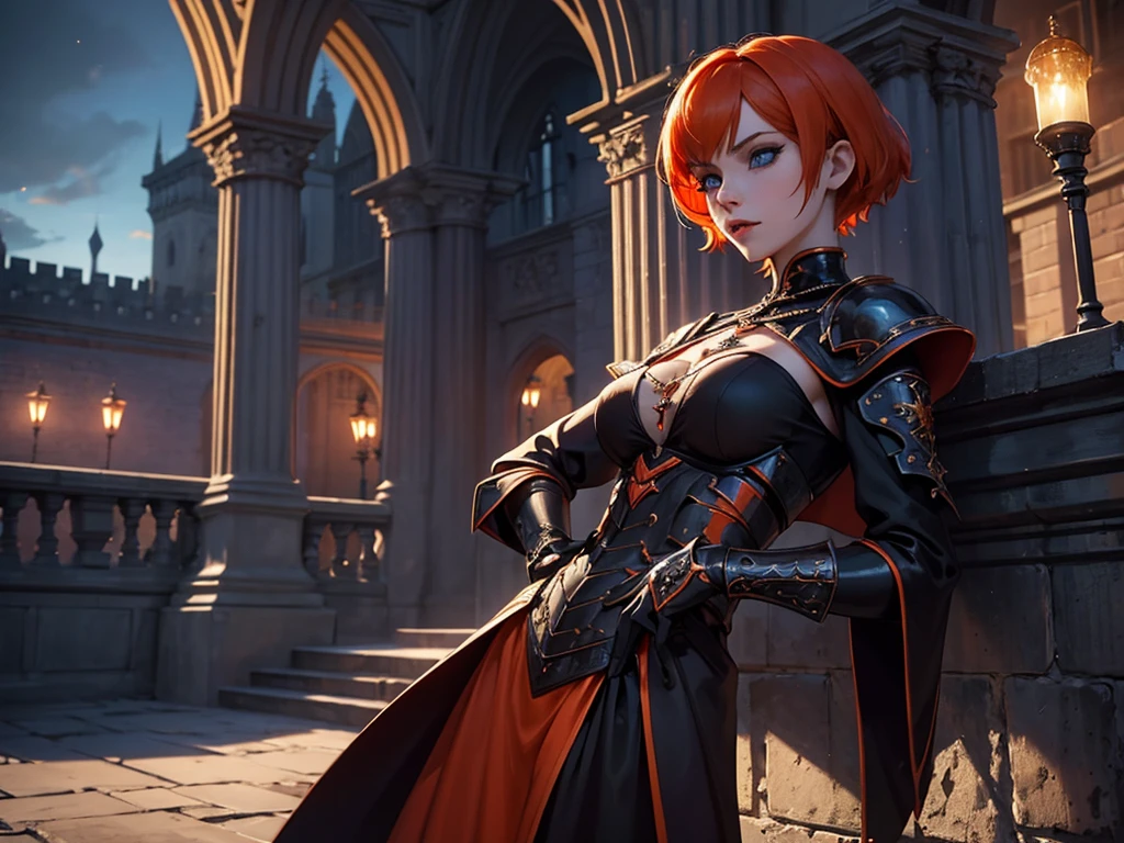 A beautiful and wonderful vampire woman, extremely detailed, short orange hair, wearing extremely detailed gothic armor, blue eyes in medieval public square, palace, crepúsculo, 8k, linda, sacerdotisa, crepúsculo, entardecer, vampira.