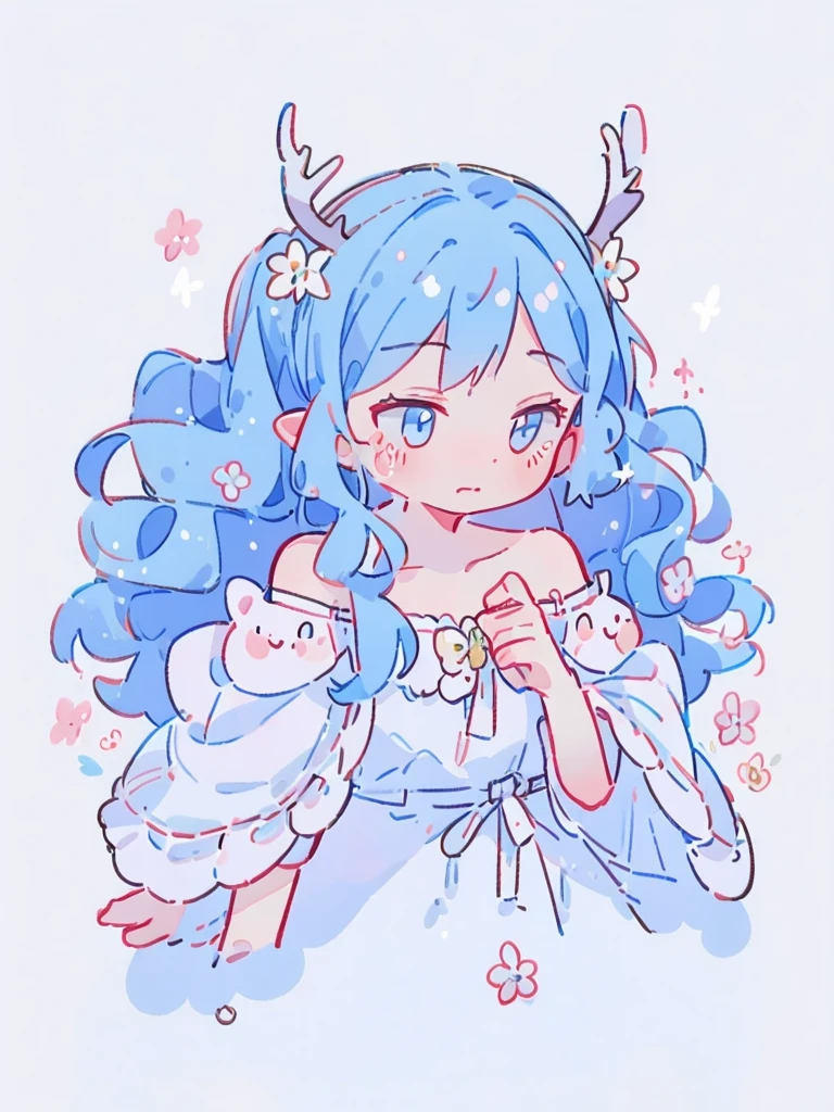 bust-up, 1girl, long wavy blue hair, deer ears, white deer antlers, butterfly hair ornament, blue flower, elegant white off shoulder dress, teaseful expression, splash background, solo, sketch, portrait, simple background