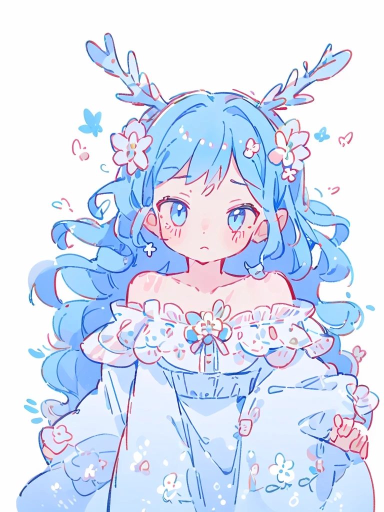 bust-up, 1girl, long wavy blue hair, deer ears, white deer antlers, butterfly hair ornament, blue flower, elegant white off shoulder dress, teaseful expression, splash background, solo, sketch, portrait, simple background