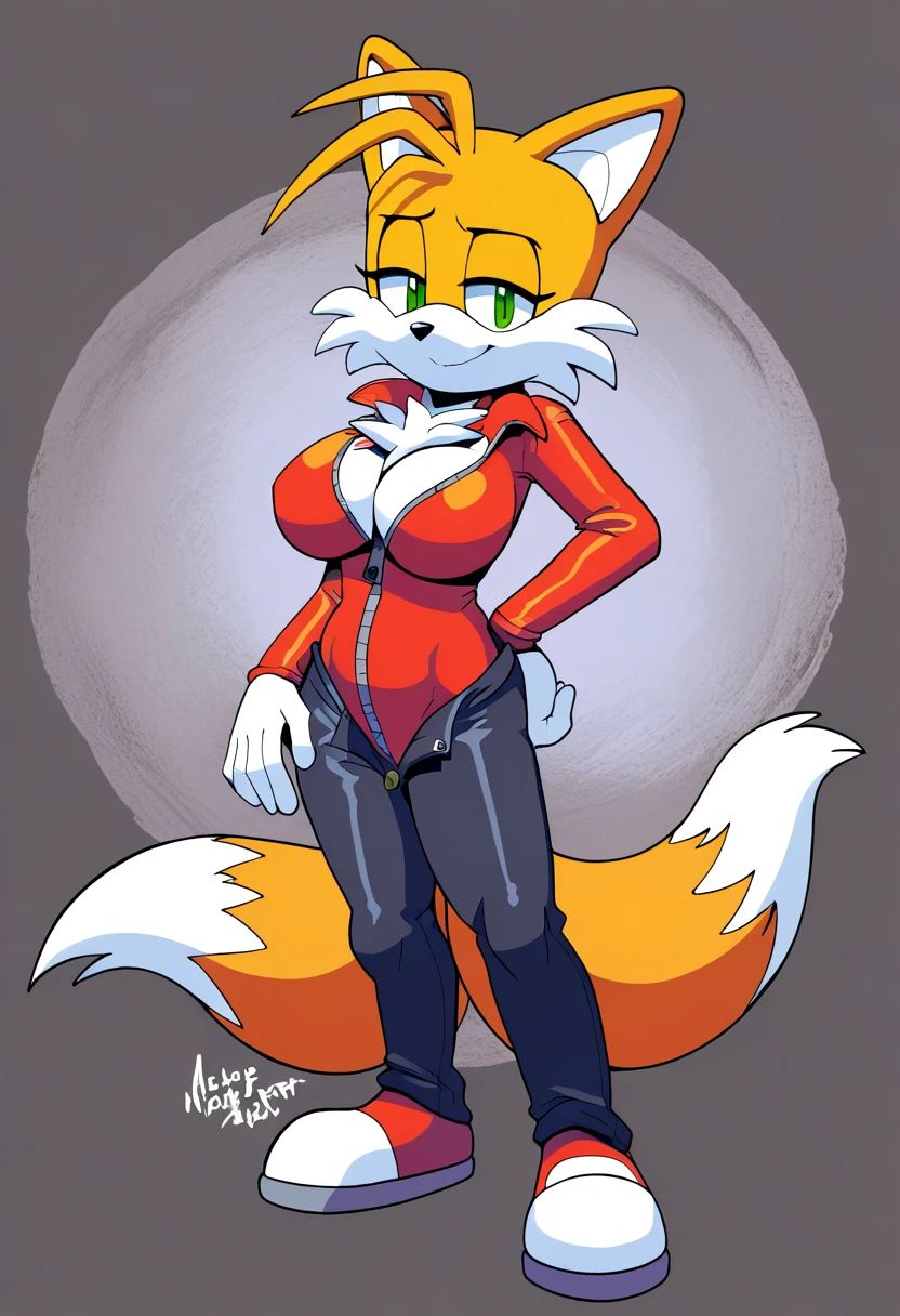 ((masterpiece)), high quality, (miles prower style) ((2d, 2d art)), ((sharp, expressive eyes)), (detailed colors, detailed shading, female tails, large breasts, smiling, chest tuft, 2 tails, tails the fox, ((square head)), 3d, soft lighting, unzipped bodysuit, orange and white fur, green eyes