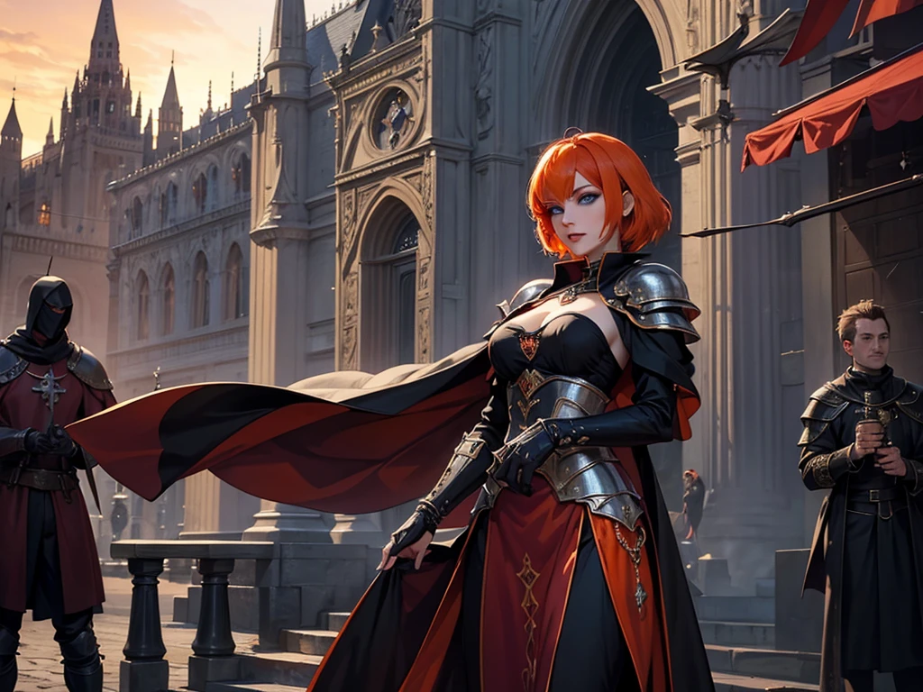 A beautiful and wonderful vampire woman, extremely detailed, short orange hair, wearing extremely detailed gothic armor, blue eyes in medieval public square, palace, crepúsculo, 8k, linda, sacerdotisa, crepúsculo, entardecer, vampira.