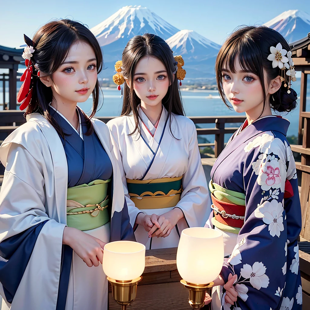 (Very delicate and beautiful:1.2)Supermodel,【Three Girls】,Highest quality, High resolution, 8K, Sharp details, smile, best quality, masterpiece, New Year, (Kimono with strikingly beautiful colors:1.7),
Three Japanese high-school cute girls, looking straight, gently smiling,
white short scarf, white feather shawl,
(separately side by side:1.4), (The image shows only the upper body:1.7), shrine background,
(mount Fuji:1.3),winter(season),(outdoors:1.5)