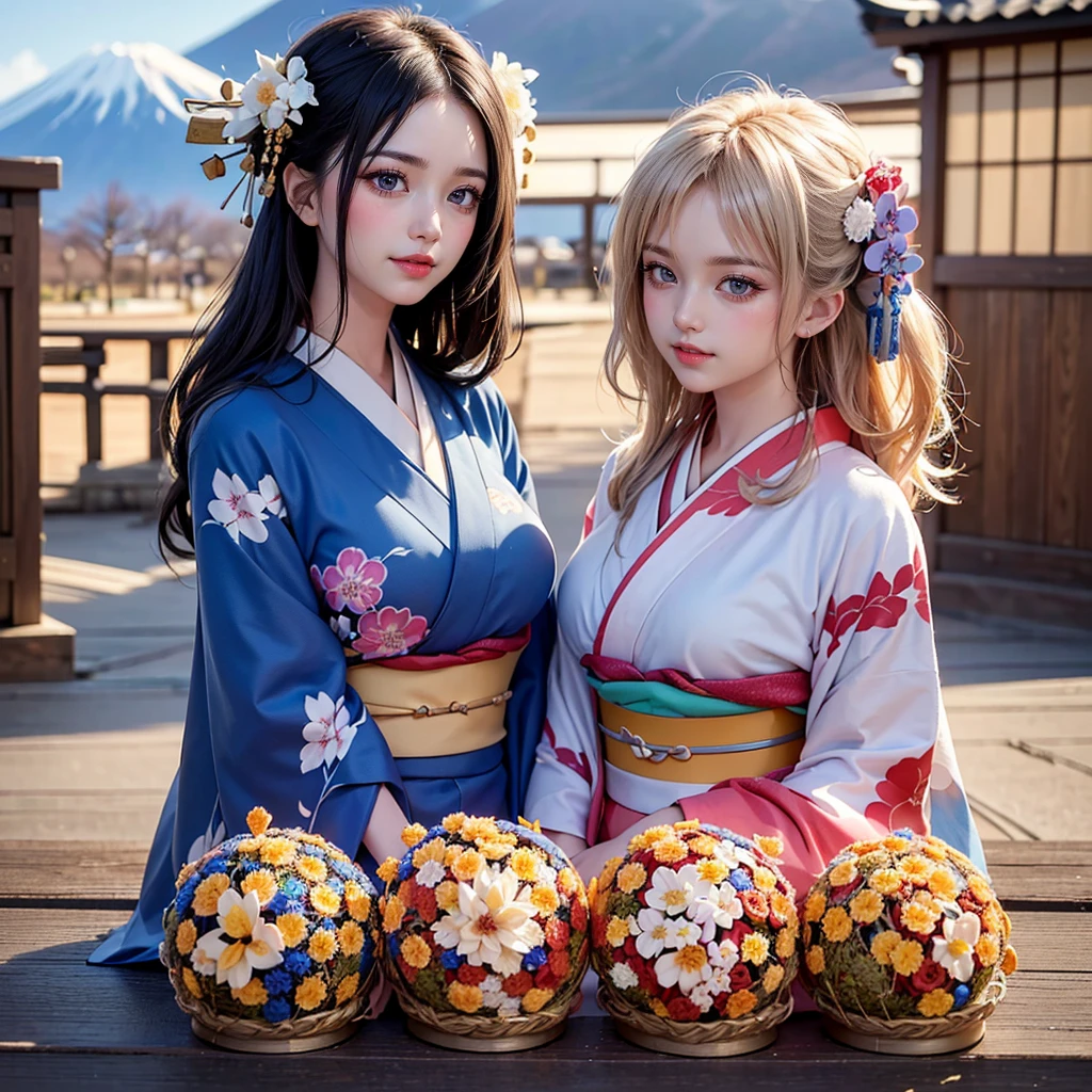 (Very delicate and beautiful:1.2)Supermodel,【Three Girls】,Highest quality, High resolution, 8K, Sharp details, smile, best quality, masterpiece, New Year, (Kimono with strikingly beautiful colors:1.7),
Three Japanese high-school cute girls, looking straight, gently smiling,
white short scarf, white feather shawl,
(separately side by side:1.4), (The image shows only the upper body:1.7), shrine background,
(mount Fuji:1.3),winter(season),(outdoors:1.5)
