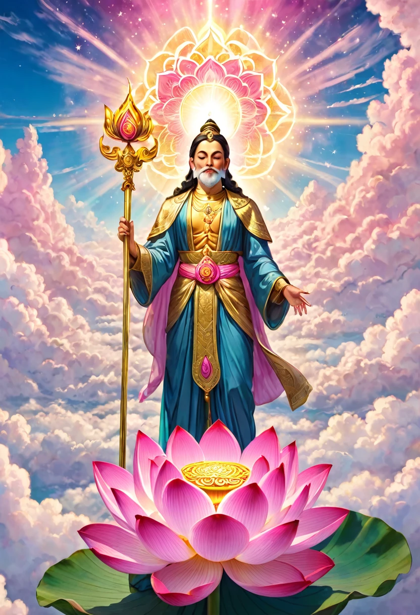 A saint with a golden staff, close-up, above the clouds, a large pink lotus flower, the saint's chakra is shining