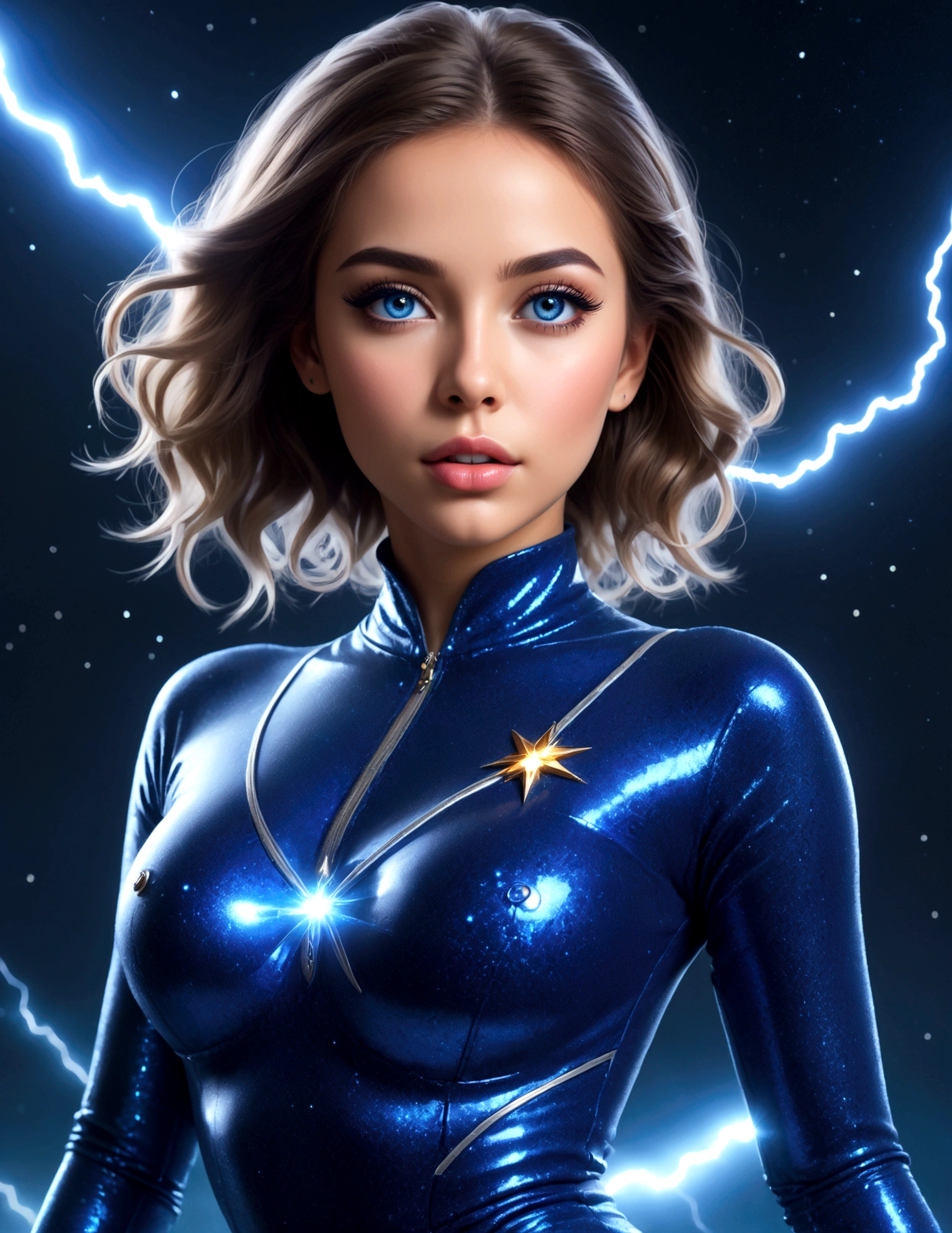 a cute girl in a sparkly blue sexy outfit, beautiful detailed eyes, beautiful detailed lips, extremely detailed face and features, long eyelashes, striking dramatic poses, flying in space, shooting lightning, leaving sparkling magic trails, best quality, 8k, highres, masterpiece, ultra-detailed, photorealistic, vivid colors, cinematic lighting, fantasy, sci-fi, digital art