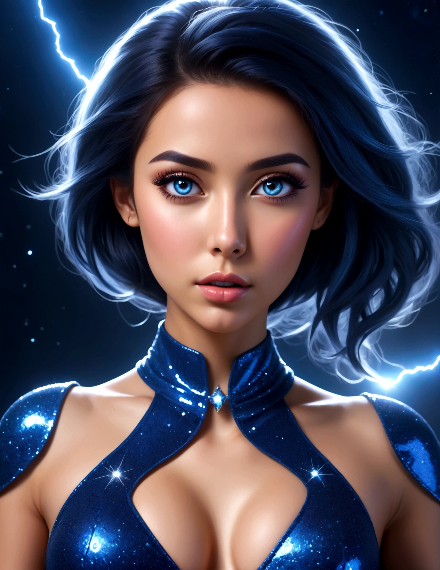 a cute girl in a sparkly blue sexy outfit, beautiful detailed eyes, beautiful detailed lips, extremely detailed face and features, long eyelashes, striking dramatic poses, flying in space, shooting lightning, leaving sparkling magic trails, best quality, 8k, highres, masterpiece, ultra-detailed, photorealistic, vivid colors, cinematic lighting, fantasy, sci-fi, digital art