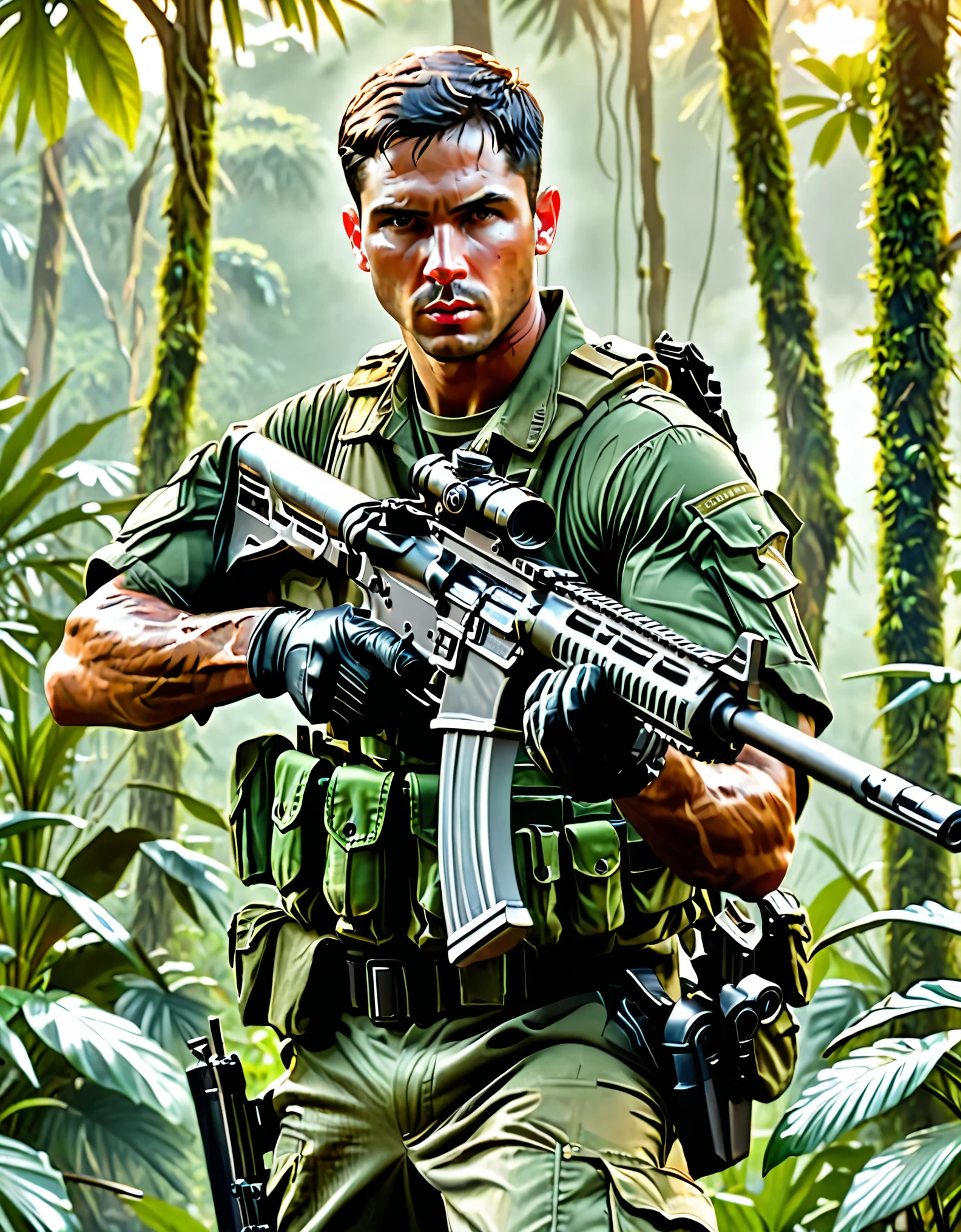 (masterpiece), (best quality), highres, 1man, male focus, solo, solo focus. black hair, short hair, hazel eyes, (healed scar on left cheek), sleeves rolled up. us soldier, jungle green uniform, gloves, gun, handgun, holding gun, holding weapon, holster, holstered weapon, load bearing vest, pistol, thigh holster, (gunmetal black rifle, assault rifle, scope). trigger discipline, weapon. jungle backdrop, daytime, (huey helicopter), gritty atmosphere. Sgt Barnes from Platoon.