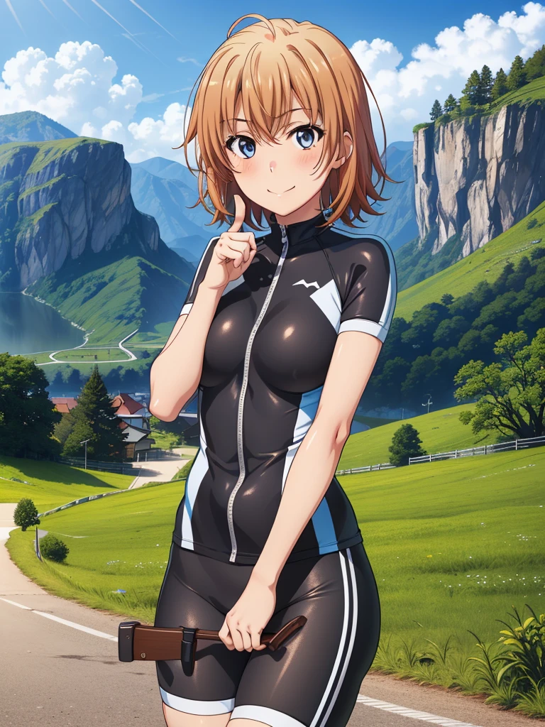 ((muste piece, best quality, High resolution, ticker, perfect pixel, Depth of bounds written, In 4K, )), 1 girl, solo, , beautiful anime girl, beautiful art style, close up of breasts, Looking at Viewer, perfect body, (Miura Yumiko:1.3), slim, short hair, brown hair, midium breasts, full face blush, smile, cycling jersey, cycling half pants, cowboy shot, looking at viewer, standing, arm at side, thumb up, on the mountain road