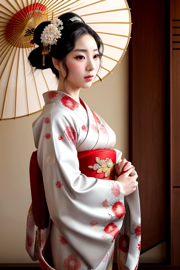 A gorgeously decorated geisha,She is a very elegant and beautiful 25-year-old woman..,Her Shimada hairstyle is beautifully displayed.,Red and white traditional kimono