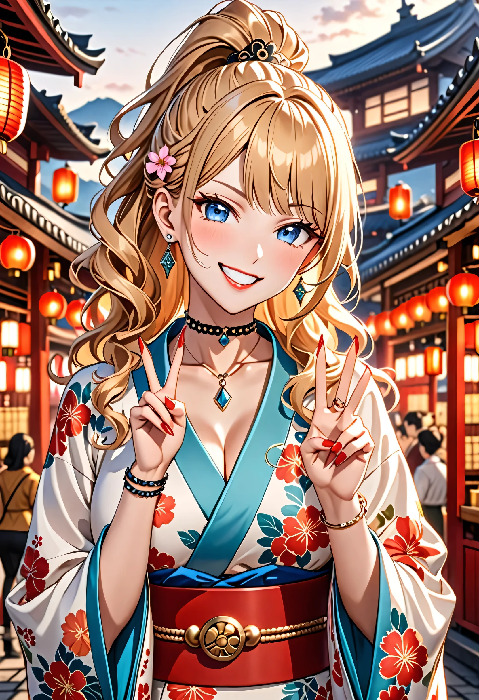 ((one personの女性)), Beautiful Face, (Laughing embarrassedly), ((smirk:1.1)), ((wink:1.3)), (head tilt:1.3), Laugh with your mouth wide open, upper teeth, looking at viewer, ((Bright red cheeks:1.2)),Glossy Red Lips, evening, Shrine festival stalls, Glossy red lips, Shining Face, ((Anime style background)),masterpiece, Highest quality, so beautiful,up to date, complex details, (Pink long nails), (nail art), (ring),(bracelet), (ix piercing:1.6), (Floral choker),AI-generated, complex,High resolution, Highest quality, super high quality,3D Images、3D Images,one person,Blonde long hair,(High Ponytail), (wavy hair), Anime woman posing for a photo, ((Fine grain、Lightly pigmented blue eyes、Shining Eyes:1.3)), (Squint your eyes:1.1),a hyperRealistic , hyperRealistic , Realistic,Long and blonde anime woman, Smooth anime CG art, Embroidered with a pink large floral pattern、Woman in luxurious kimono, (White long sleeve kimono),(Pink large floral pattern) ,Long flower hair ornament,Earrings,Mature Body,(Big Breasts:1.1),Tall,Abdominal muscles,Tight waist, ( making a peace sign), (front view),