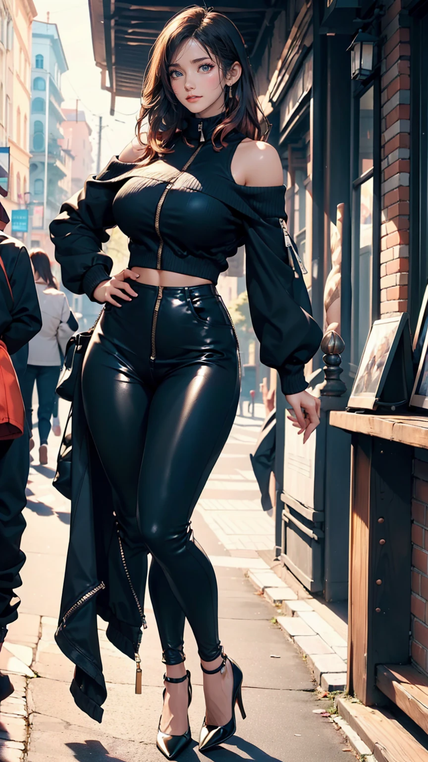 24-year-old female、Sexy proportions、Sexy、Narrow waist、Wear a high-neck zipper-up off-the-shoulder top、Wear colorful leggings、Wear high heels、I&#39;m halfway across a stone bridge over a river in a lush countryside.、Leaning on the railing、View of the river、smile、Beautiful blue sky、Cinematic light effects、Ultra high definition((uhd))、High detail((high detailodel Body Type、Thin, long and beautiful thighs