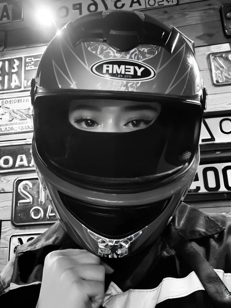 arafed person wearing a helmet and holding a dog in front of a wall of license plates, picture of a female motorcyclist, wearing his helmet, visor over the face, dark visor that covers the face, motormotorcyclist, dark visor that covers the upper part of the face, wearing helmet, Hull view, helmet on face, motorcyclist, wearing a helmet, inspired by Oka Yasutomo, cinderella jennie pink black, Portrait of Jennie from Blackpink, Beautiful young Korean woman, leaked image, Kim Jennie the Blackpink