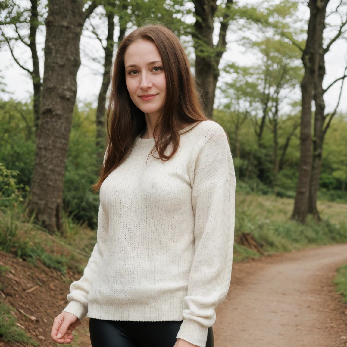 1 girl, solo, Caucasian, Young Woman, photorealistic, RAW image, (Photo of Amalia Fuentes and Patricia Clarkson combined), name is Mako, (((40 years old woman))), (((Green eyes))), (((Brunette hair))), ((long hair)), (((full body))), ((close Shot)), (((slim body))), ((wearing black leggings)) and (((white sweater)), (at the trail in Ireland), smirk, random pose 