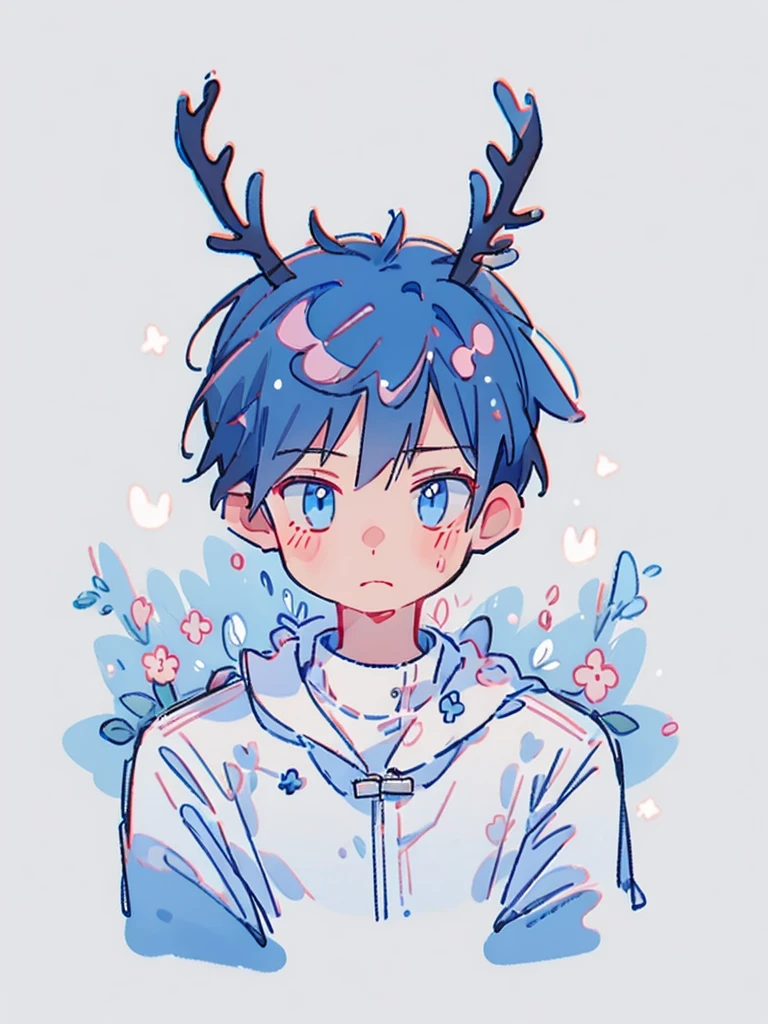 bust-up, 1boy, dark blue hair, deer ears, white deer antlers, black compression shirt, white fur jacket, calm expression, splash background, solo, sketch, portrait, simple background