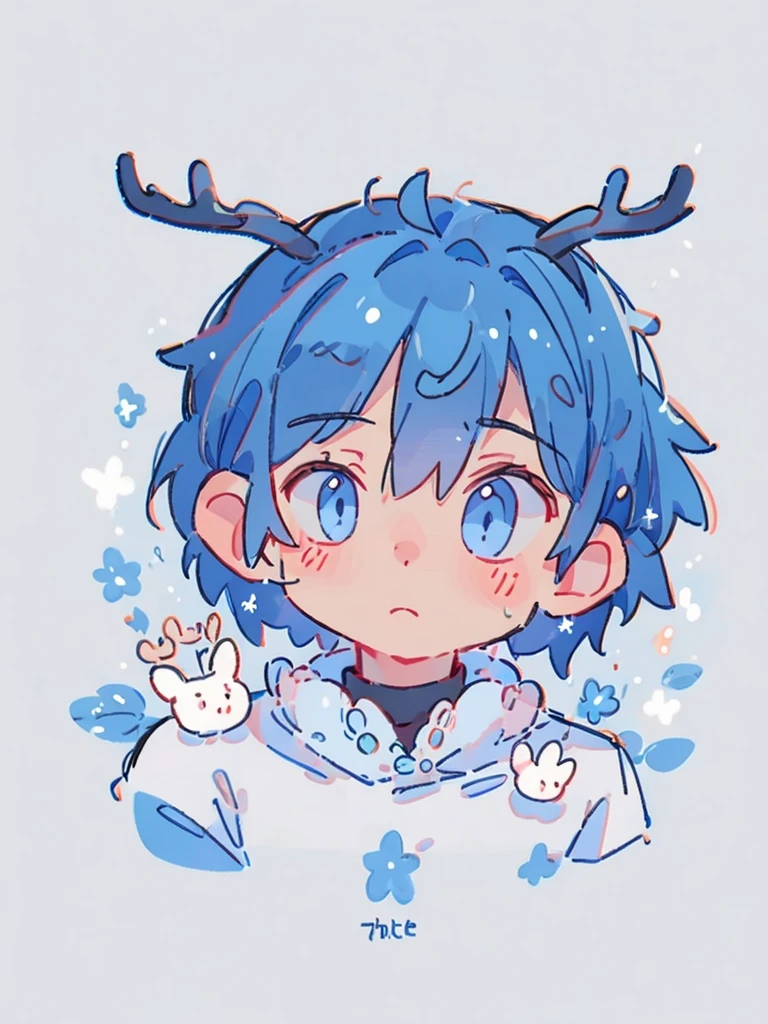 bust-up, 1boy, dark blue hair, deer ears, white deer antlers, black compression shirt, white fur jacket, calm expression, splash background, solo, sketch, portrait, simple background