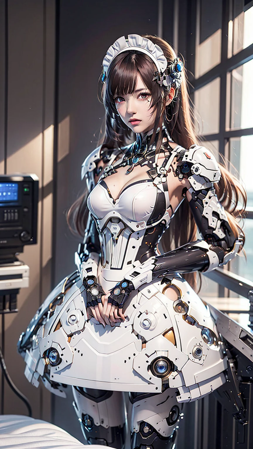 Very detailed, Advanced Details, high quality, 最high quality, High resolution, 1080P, HD, 4K,  beautiful,(Machine),beautiful cyborg mixed maid female, Mecha Cyborg Girl,Mecha Body Girl,She is wearing a futuristic mech, victorian maid dress, from the front, From the skirt up,A cute room for children, bed room, bed,