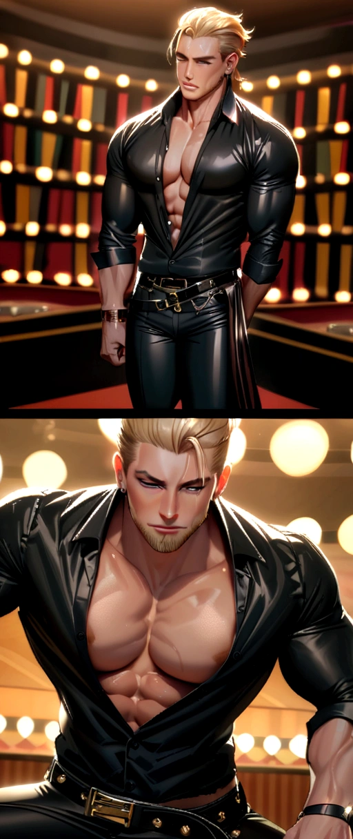 Sexy man, twenty two, handsome, dark shimmery button up shirt, silky hair, blonde slicked back hair, fuck boy, masculine energy, muscular, stripper, player, black silky pants, loose belt, trimmed beard, sexy, fuck