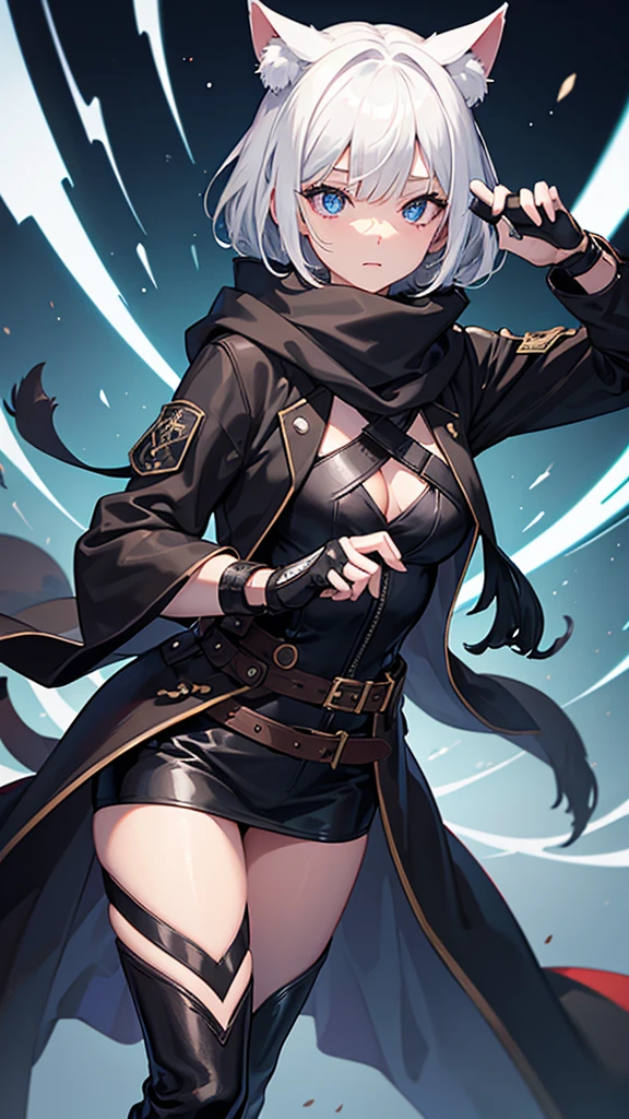 work of art, best qualityer, high resolution, 1 girl, synonym 1, scarf, short hair, mitts, ninja mask, long sleeves, leather pants, White hair, Cat's ears, cat tail, Rougue clothes, leather pants, holding, holding faca, bangs over one eye, bangs covering one eye, long bangs, blue eyes, 14 eyes old, hooded cloak, rogue rpg, rpg, ninja, ruins, medioval