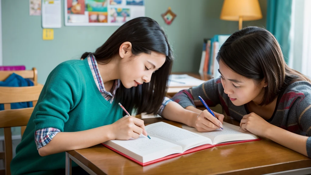 a mother is company with her kid doing homework. they're looking down at the textbook. 8k super realistic