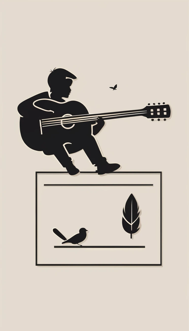 A minimal, modern, simple, cinematic icon for the brand “Penamemoria". The icon must be a simple, modern feather and a boy playing acoustic guitar. The icon must convey a sense of music, stories and dreams. Icon design impressed on a book cover. Minimalistic icon