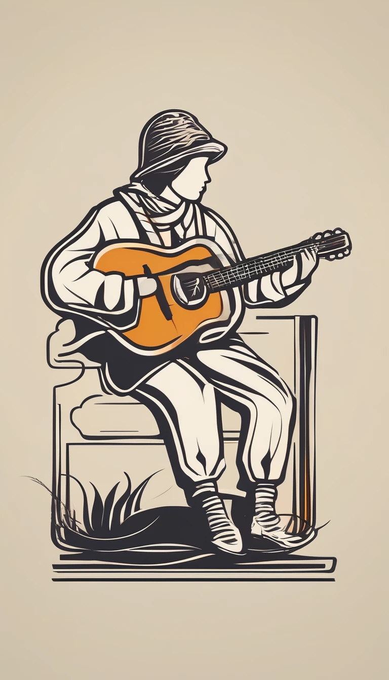 A minimal, modern, simple, cinematic icon for the brand “Penamemoria". The icon must be a simple, modern feather and a boy playing acoustic guitar. The icon must convey a sense of music, stories and dreams. Icon design impressed on a book cover. Minimalistic icon