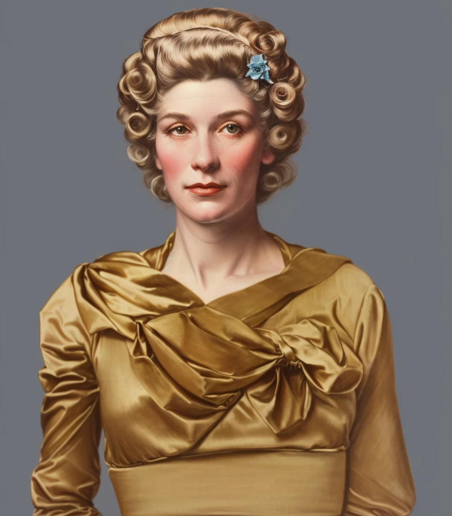 há uma mulher com bobes na cabeça e um vestido, inspirado em Jean-Étienne Liotard, inspirado em Cindy Sherman, retrato sem nudez vestido, retrato no estilo craola, inspirado em Henry Raeburn, no estilo de Norman Rockwell, inspirado por Henriette Wyeth, retrato da parte superior do corpo, inspirado em Constance Gordon-Cumming