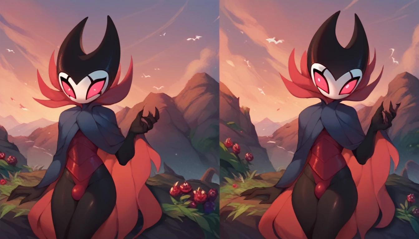 score_9, score_8_up, score_7_up, score_6_up, zPDXL2, grimm \(hollow knight\), vampire, bat, 1boy, solo, cute face, detailed eyes, landscape, outdoor, anthro, (solo portrait), (front view), clothed, highlight thighs, femboy, (dynamic poses)