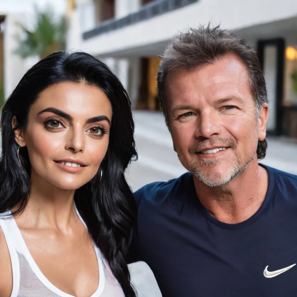 Ayslinn Derbez is 25 years old and Lothar matthäus is 35 years old, she have long hair, they are happy, they are wearing sport clothes, romantic, they are going to hotel, night, romantic