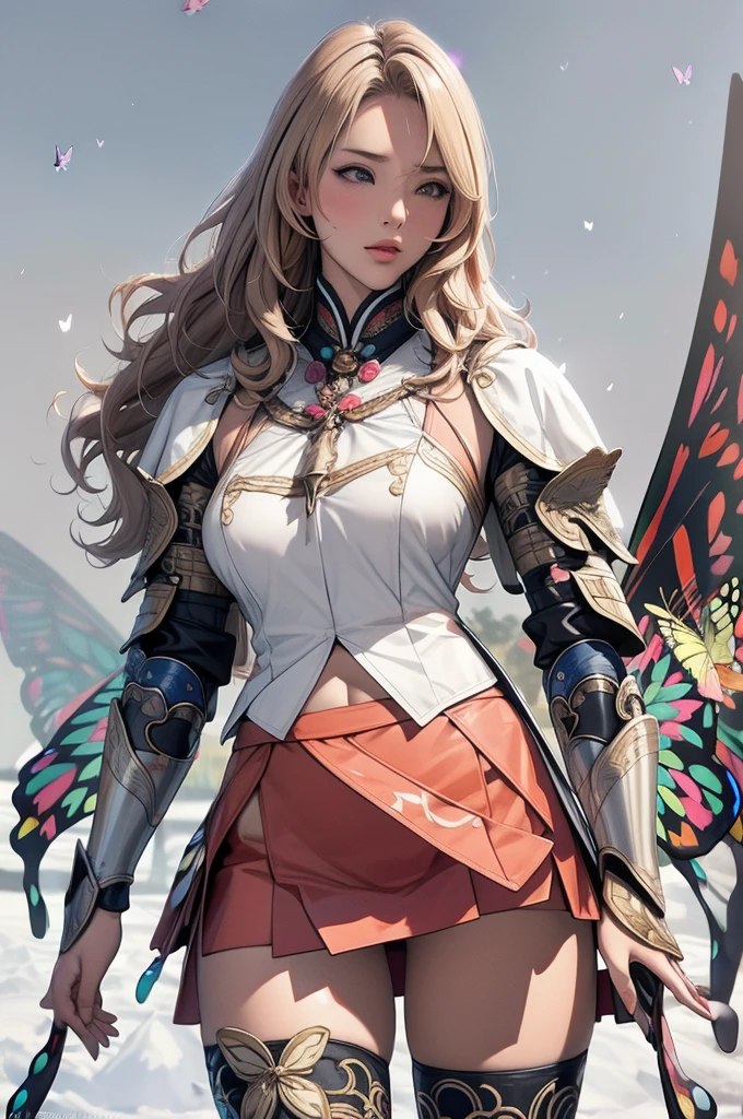Very beautiful woman、Slender women、(Detailed face)、Realistic Skin、((Holy Knight)), ((Platinum Armor))、((((Extremely detailed and intricately decorated armor:1.1))))、((Delicate photo)),(Girl Astepeace RAW Photo Details:1.25), (Highest quality:1.6), (Ultra-high resolution:1.5), (Realistic:1.75), 8K resolution, Canon EOS R5, 50mm, Absurd, Very detailed,Cinema Lighting,((Fightfield))、((Fight))、(((White Embellished Micro Skirt)))、Lace pattern high leg panties:1.2,Thigh-high socks、Shingard、((blonde))、((Curly Hair))、((Drill Hair))、((Wavy long hair,))、Cape、Beautiful Armor、(((Has a huge weapon)))、(In combat)、The wind is blowing、((Symmetrical armor))、((((Blizzard))))、(((Lead a large group of knights:1.2)))、banner、(((Battle Scenes)))、((Browsing Caution:1.2))、(((show off butterfly micro panties:1.4)))、、((Skirt lift fluttering in the wind:1.4))