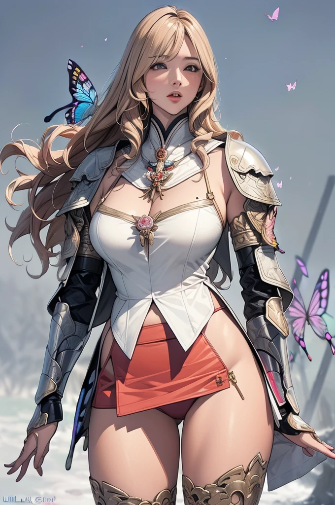 Very beautiful woman、Slender women、(Detailed face)、Realistic Skin、((Holy Knight)), ((Platinum Armor))、((((Extremely detailed and intricately decorated armor:1.1))))、((Delicate photo)),(Girl Astepeace RAW Photo Details:1.25), (Highest quality:1.6), (Ultra-high resolution:1.5), (Realistic:1.75), 8K resolution, Canon EOS R5, 50mm, Absurd, Very detailed,Cinema Lighting,((Fightfield))、((Fight))、(((White Embellished Micro Skirt)))、Lace pattern high leg panties:1.2,Thigh-high socks、Shingard、((blonde))、((Curly Hair))、((Drill Hair))、((Wavy long hair,))、Cape、Beautiful Armor、(((Has a huge weapon)))、(In combat)、The wind is blowing、((Symmetrical armor))、((((Blizzard))))、(((Lead a large group of knights:1.2)))、banner、(((Battle Scenes)))、((Browsing Caution:1.2))、(((show off butterfly micro panties:1.4)))、、((Skirt lift fluttering in the wind:1.4))