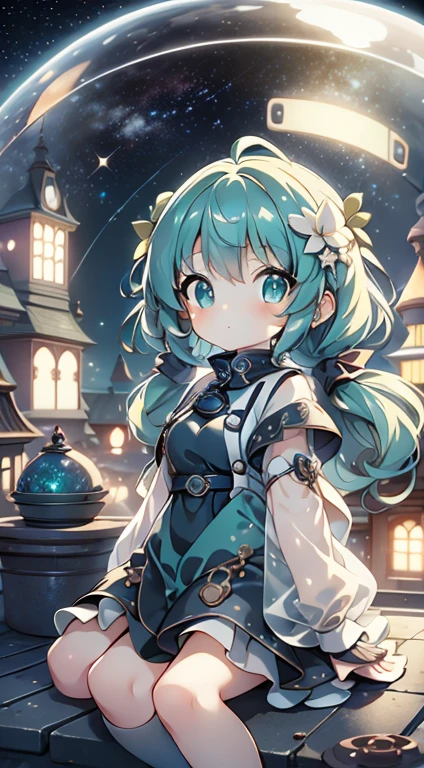 Highest quality, masterpiece, Very detailed, Detailed Background, anime, One girl, Young girl, Short girl, sf, sf, Outdoor, night, Starry Sky, greenhouse, huge structure, Biodome, Wind景, scenery, horizon, rooftop, sitting on rooftop, Wind, avert your eyes, Atmospheric lighting, Focus Only, close, From the side, Depth of written boundary, Bokeh、high resolution、最high resolution、Ultra delicate、Big eyes、Beautiful eyes