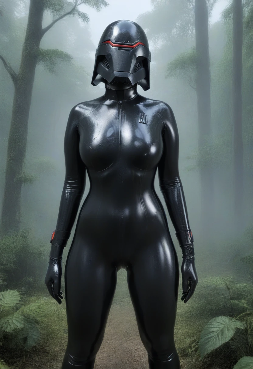 zPDXL, source_anime, BREAK Trilla, helmet with red translucent visor, , armor,black gloves,tight bodysuit,,black pants, BREAK close-up, solo, standing, front view, medium breasts, , wide hips, BREAK x3dce, 3d, jungle background, dense vegetation, rain, night, night sky,