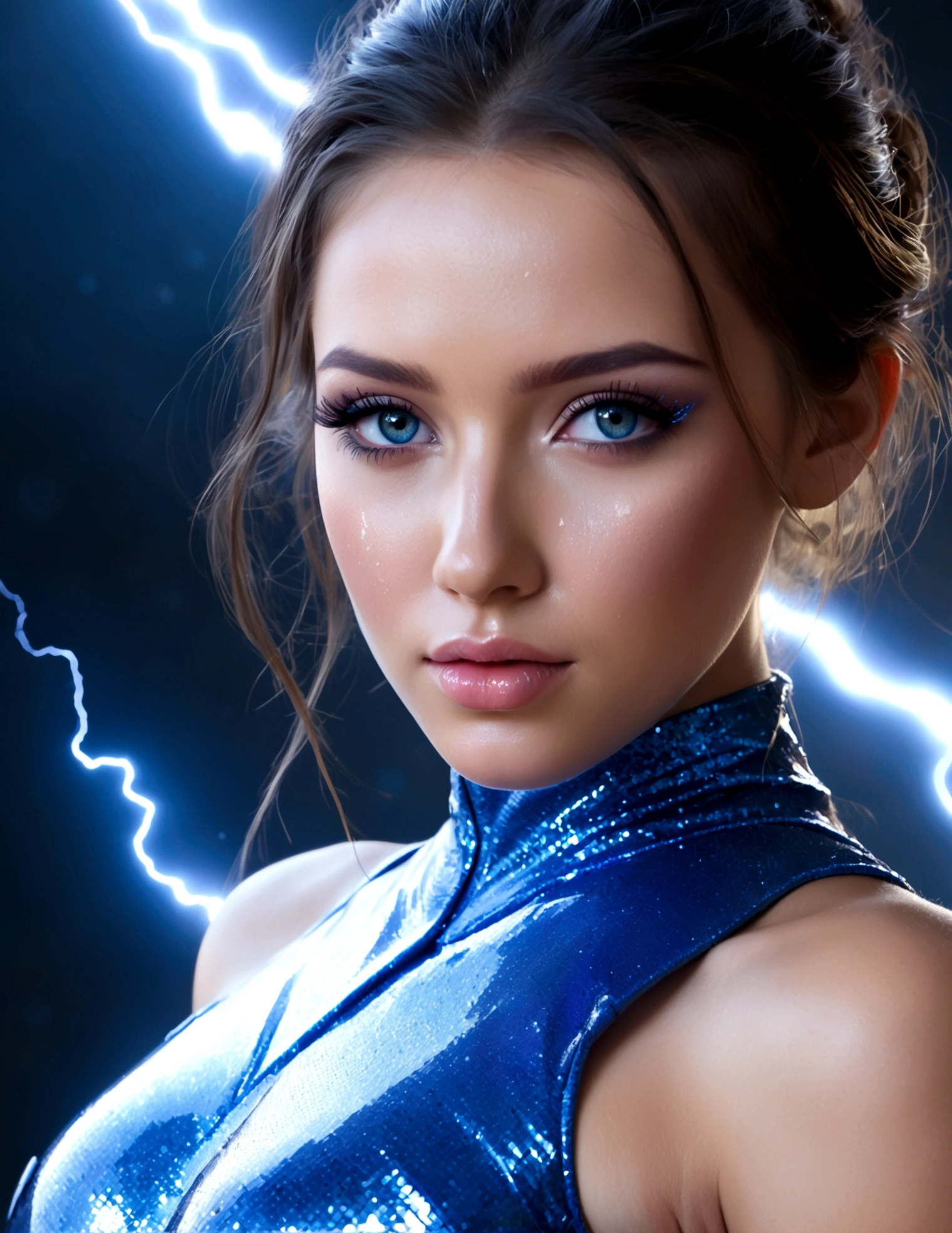 a cute girl in a sparkly blue sexy outfit, beautiful detailed eyes, beautiful detailed lips, extremely detailed face and features, long eyelashes, striking dramatic poses, flying in space, shooting lightning, leaving sparkling magic trails, best quality, 8k, highres, masterpiece, ultra-detailed, photorealistic, vivid colors, cinematic lighting, fantasy, sci-fi, digital art
