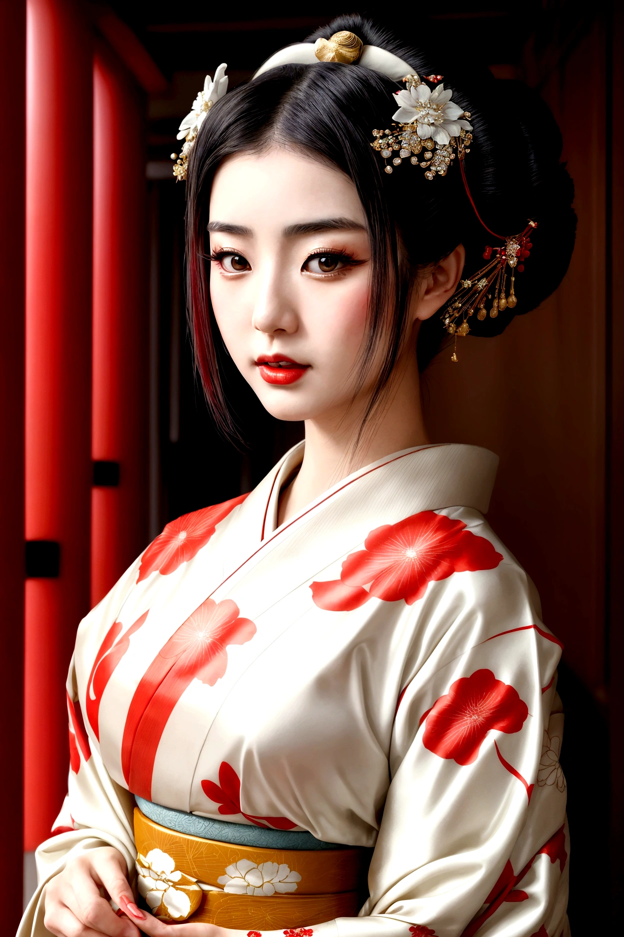 A gorgeously decorated geisha,She is a very elegant and beautiful 25-year-old woman..,Her Shimada hairstyle is beautifully displayed.,Red and white traditional kimono