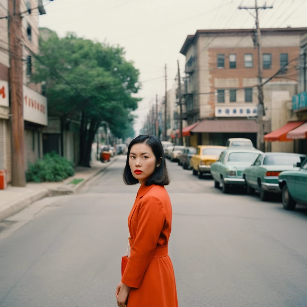 analog style portrait of an ((asian woman)) , wes anderson movie, still from stanley kubrick movie