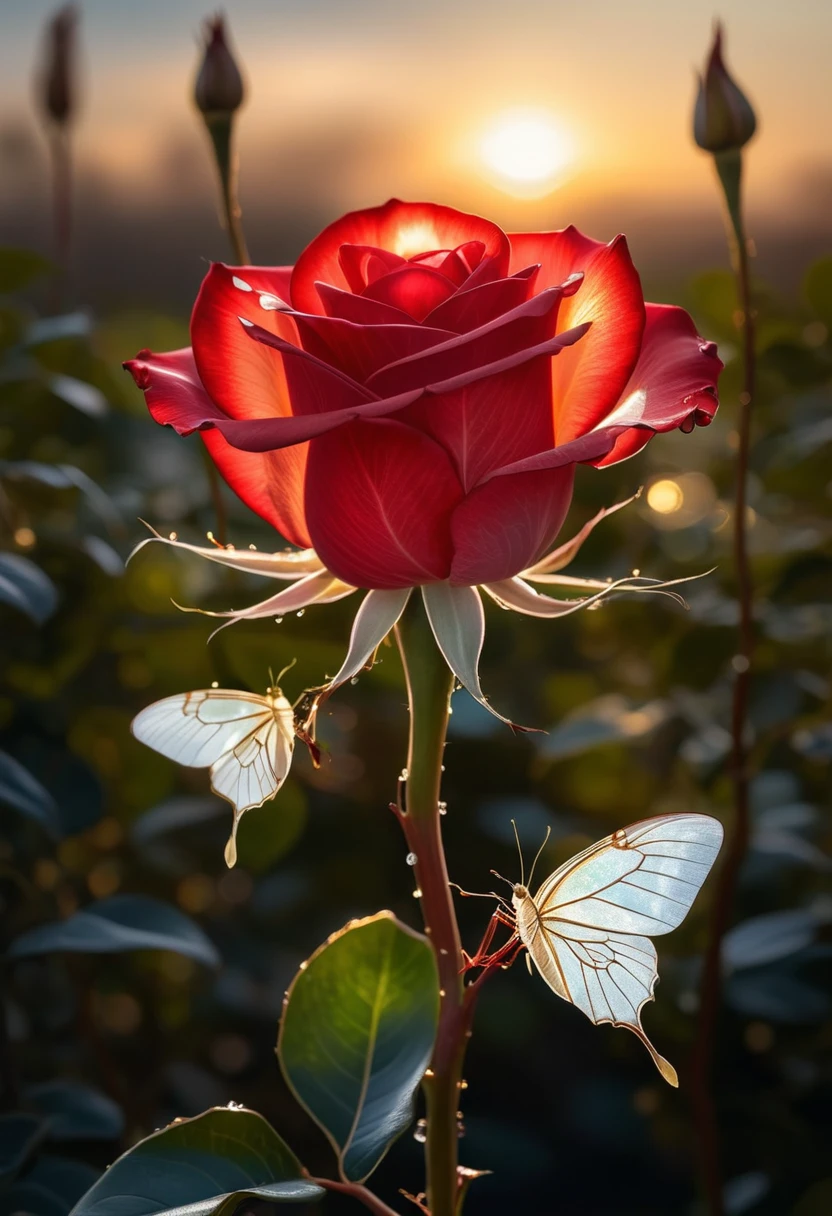 a beautiful transparent glass red rose with a exquisite fragile iridescent glass leafs, surrounded with [white:2] butterflies, intricate details, masterpiece, award winning, rich, breathtaking, golden hour light, bokeh, atmospheric, ((close up))