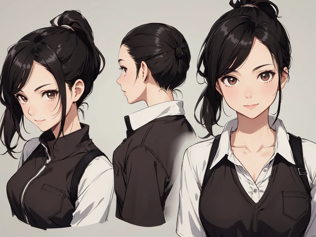 1girl, black hair, brown eyes, ponytail, character sheet, masterpiece, best quality, super detail