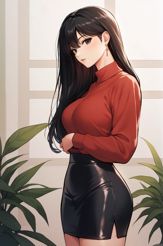 score_9, score_8_up, score_7_up, score_6_up, score_5_up, score_4_up, nari, black eyes, black hair, long hair, red sweater, long sleeves, black skirt, standing, earrings