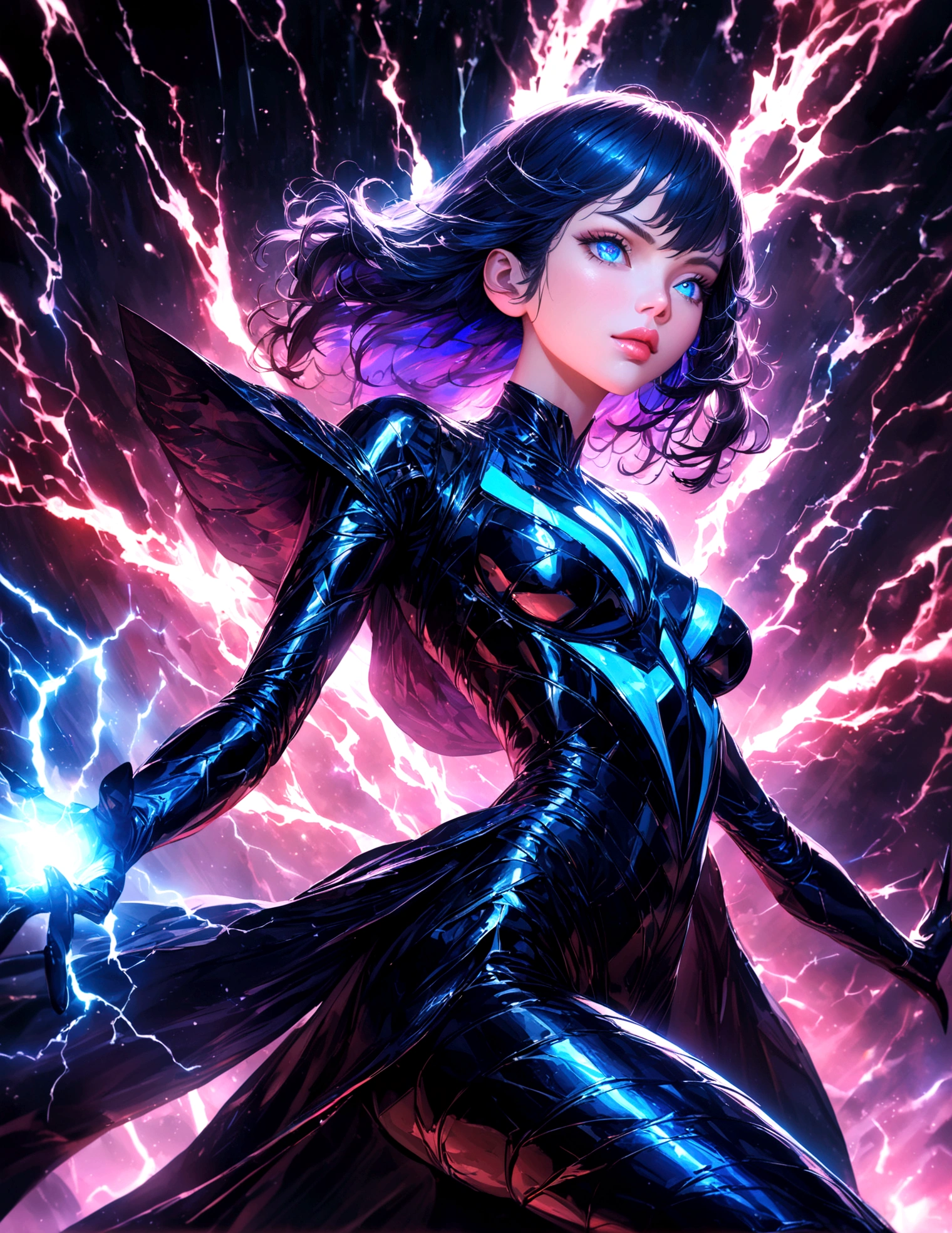 a cute girl in a sparkly blue sexy outfit, beautiful detailed eyes, beautiful detailed lips, extremely detailed face and features, long eyelashes, striking dramatic poses, flying in space, shooting lightning, leaving sparkling magic trails, best quality, 8k, highres, masterpiece, ultra-detailed, photorealistic, vivid colors, cinematic lighting, fantasy, sci-fi, digital art
