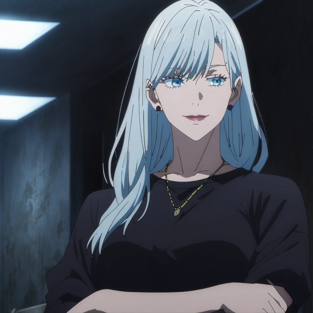 1girl, female gojo satoru, anime screencap from jujutsu kaisen, gojo satoru female version, solo, long_hair, Blue eyes ((Silver_hair)), night view, breasts, upper_body, smile, indoors, book, bangs, blue_eyes, lips, (swept bangs) ((wearing casual clothes)) breast, "very detailed and high resolution" (Blue eyes) ((cross arms)) ((long hair)) ((solo)) (front view) (earings) (necklace)