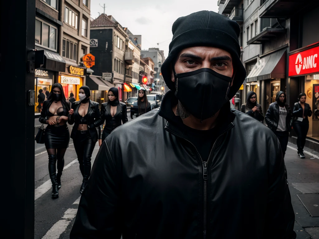 hyper-realistic detailed portrait of a male gangster on turkey street, wearing a black mask with gun, threatening 5 women walking on the street, dark and moody atmosphere, intense facial expression, vibrant colors, cinematic composition, photorealistic, 8k, best quality