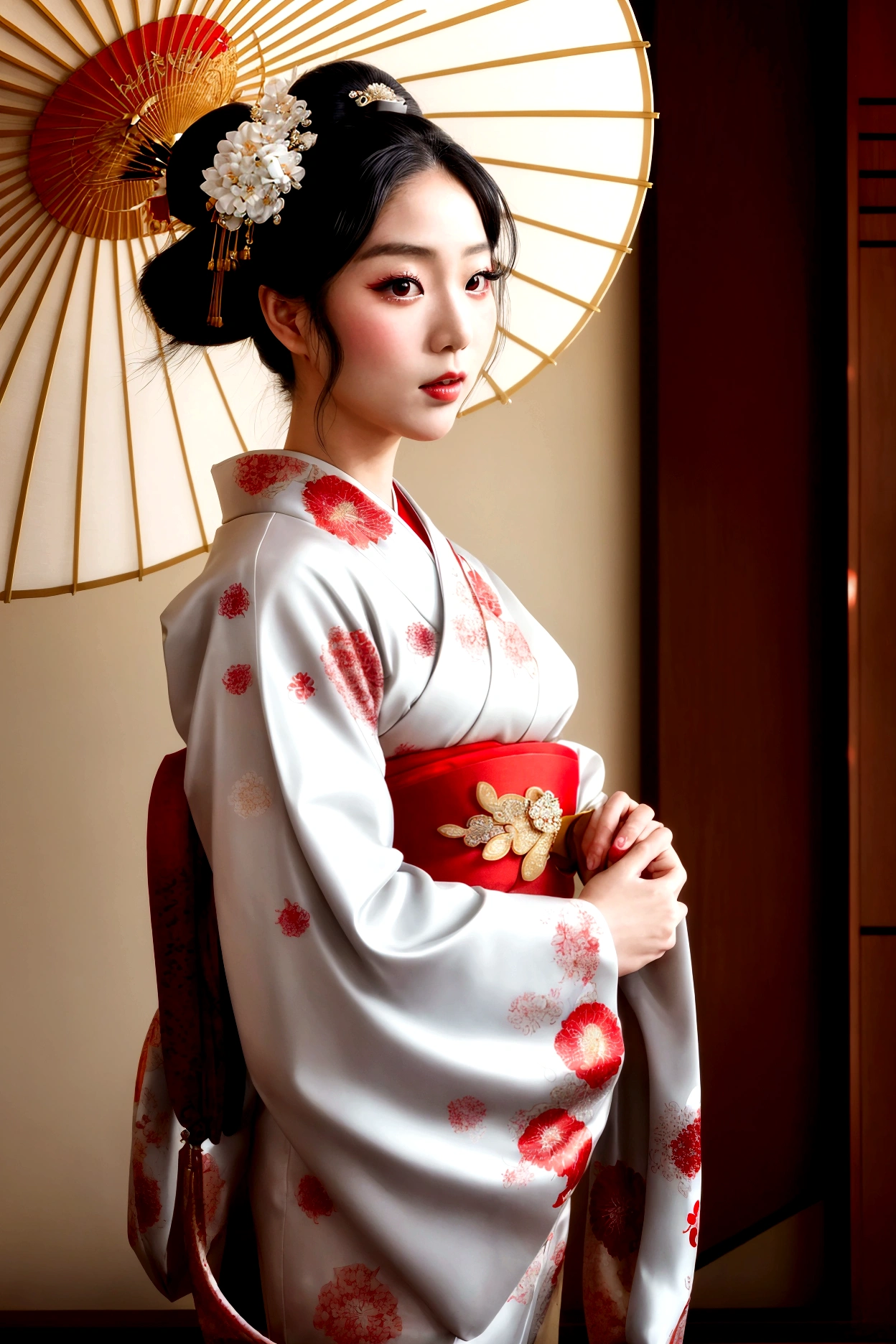 
A gorgeously decorated geisha,She is a very elegant and beautiful 25-year-old woman..,Her Shimada hairstyle is beautifully displayed.,Red and white traditional kimono