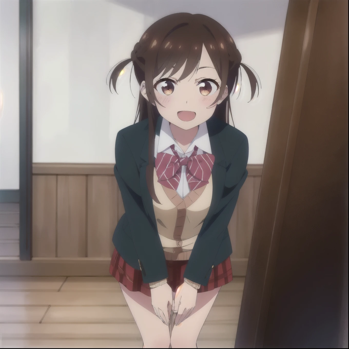 masterpiece,highres,high quality,extremely detailed,solo,
looking at viewer,smile,open mouth,
ChizuruMizuhara,1girl,
half updo,
,blazer,open clothes,collared shirt,striped bowtie,sweater vest,
plaid pleated miniskirt,
black socks,
standing,leaning_forward,hands_on_feet,hand holding a box of chocolates