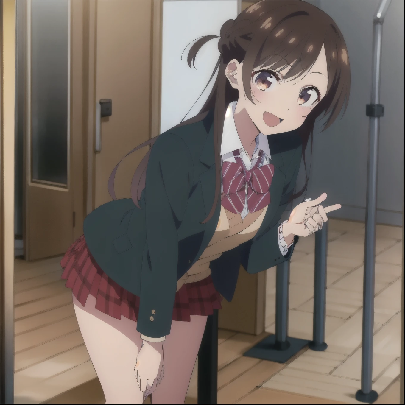 masterpiece,highres,high quality,extremely detailed,solo,
looking at viewer,smile,open mouth,
ChizuruMizuhara,1girl,
half updo,
,blazer,open clothes,collared shirt,striped bowtie,sweater vest,
plaid pleated miniskirt,
black socks,
standing,leaning_forward,hands_on_feet,hand holding a box of chocolates