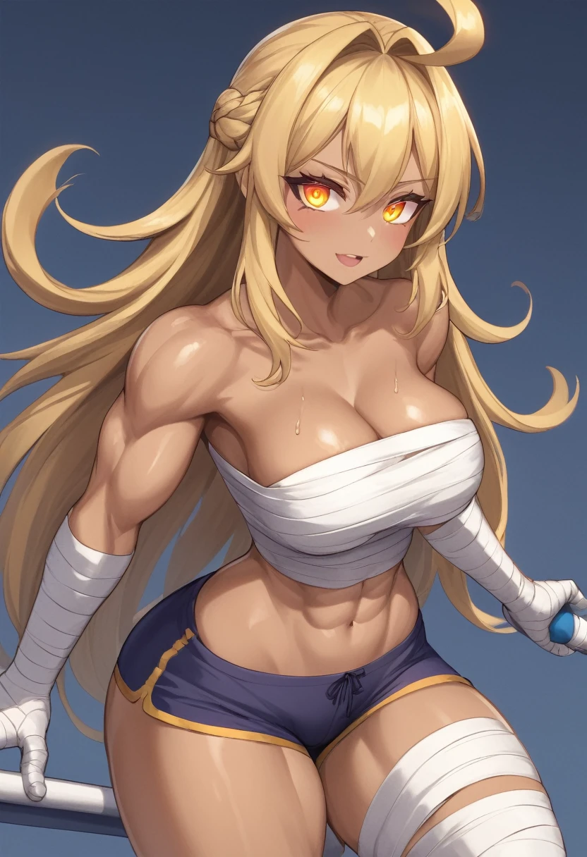 Prompt
detailed illustration, (front view), (side view),dynamic angle, ultra-detailed, illustration, clean line art, shading, anime, detailed eyes, detailed face, beautiful face, dramatic lighting, detailed illustration, dynamic angle, ultra-detailed, illustration, single woman
Fit, toned abs, ((volleyball shorts)), ((fundoshi breast wrap)), volleyball player, big round ass, big tits, caramel skin, wide hips, narrow waist, thunder thighs, (blazing blonde hair), (glowing eyes), glowing sclera, muay thai wraps, small strong biceps, sweat, ((bandaged breasts))