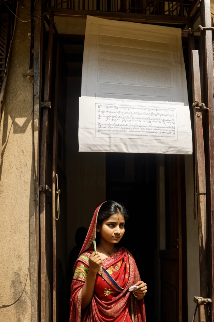 A scene of a beautiful Bangladeshi woman leaving home, or holding a letter.