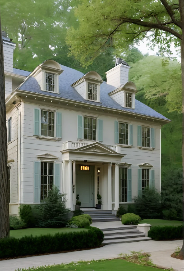 a close up of a house with a driveway and trees, colonial style, new england architecture, neo - classical style, colonial, classical style, art house film aesthetic, beautiful house on a forest path, nd 6, neoclassical style, f/5.6, mysterious exterior, f5.6, classicism style, suburban home, gilmore girls aesthetic